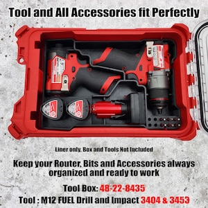 May include: A red tool box with black inserts, holding red and black power tools and accessories. The text "Tool and All Accessories fit Perfectly" is at the top. The text "Keep your Router, Bits and Accessories always organized and ready to work" is also visible.