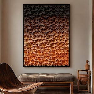 Handmade Gradient Black Orange 3D Wood Wall Art, Acoustic Sound Diffuser, Modern Textured Mosaic Decor