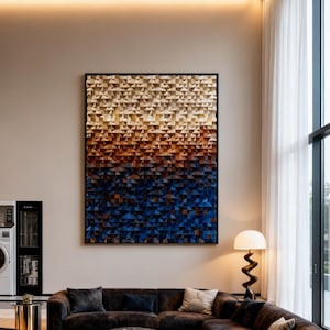 Handmade Gradient Blue Brown 3D Wood Wall Art, Acoustic Sound Diffuser, Modern Textured Mosaic Decor for Living Room