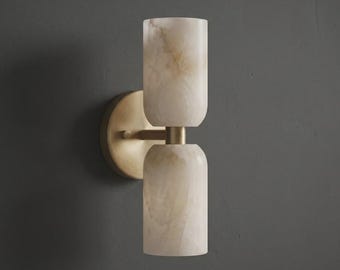 Alabaster Marble Brass Wall Sconce: Mid Century Modern Double Cylinder Fixture