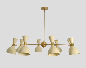 Luxury 8-Light Brass Pendant Chandelier with Cream Shades - Modern Mid-Century Lighting