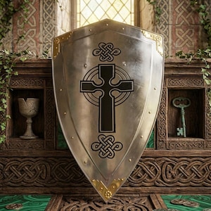 Pode incluir: Um escudo heráldico em tom prateado com um emblema central de cruz celta preta, ladeado por desenhos intrincados de nós acima e abaixo. O escudo é acentuado com placas de canto em metal dourado e pequenos rebites ao longo das bordas.