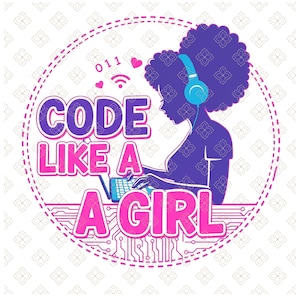 Puede incluir: Gráfico redondo con el texto "CODE LIKE A GIRL" en morado y rosa. La imagen presenta una silueta de una persona con auriculares, codificando en un portátil. El fondo es blanco con un patrón floral repetido.