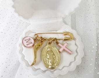Personalized Baby Pin, Gold Italian Horn, Virgin Mary Cross, Initial initial baptism gift
