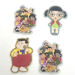 May include: Four colorful cartoon character stickers. Two stickers feature a group of characters with the text "El Chavo". One sticker is a cartoon girl with glasses. The last sticker is a cartoon man in red overalls.