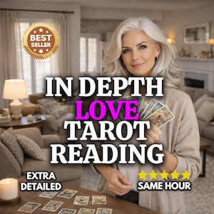 May include: An image promoting an "In Depth Love Tarot Reading." The image features a woman holding tarot cards, with text overlay including "Best Seller," "Extra Detailed," and "Same Hour." The background shows a living room setting with a table and sofa.