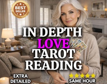 May include: An image promoting an "In Depth Love Tarot Reading." The image features a woman holding tarot cards, with text overlay including "Best Seller," "Extra Detailed," and "Same Hour." The background shows a living room setting with a table and sofa.