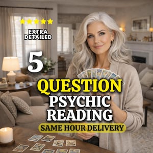 May include: A psychic reading service advertisement featuring a person with long silver hair holding a fan of tarot cards. The text reads 5 QUESTION PSYCHIC READING, EXTRA DETAILED, and SAME HOUR DELIVERY, accompanied by five yellow stars.