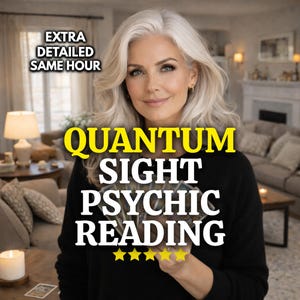 May include: A woman with gray hair holds tarot cards, with text reading "QUANTUM SIGHT PSYCHIC READING" and "EXTRA DETAILED SAME HOUR". The image has a blurred background of a living room.