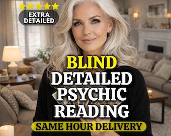 Puede incluir: Una persona con cabello plateado ondulado hasta los hombros que viste un suéter negro. El texto superpuesto dice: EXTRA DETAILED, BLIND DETAILED PSYCHIC READING, SAME HOUR DELIVERY. Cinco estrellas amarillas aparecen sobre el texto arriba a la izquierda.