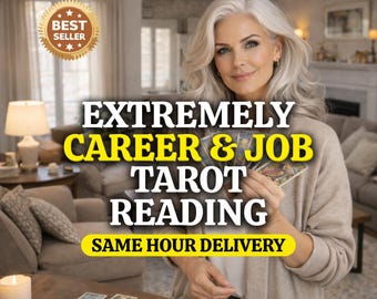 May include: Image promoting tarot readings. Text reads "EXTREMELY CAREER & JOB TAROT READING" with "SAME HOUR DELIVERY" below. A woman holds tarot cards, with more cards on a table. A "BEST SELLER" badge is in the upper left.