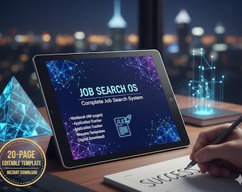 May include: A tablet displays "JOB SEARCH OS" with a complete job search system, including a workbook, application tracker, and resume templates. A pen writes on a notepad with the word "SUCCESS". A 20-page editable template is also visible.