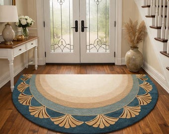 Hand Tufted Art Deco Wool Rug, Blue Scallop Area Rug, Coastal Fan Pattern Carpet, Luxury Entryway Rug, Handmade Living Room Décor