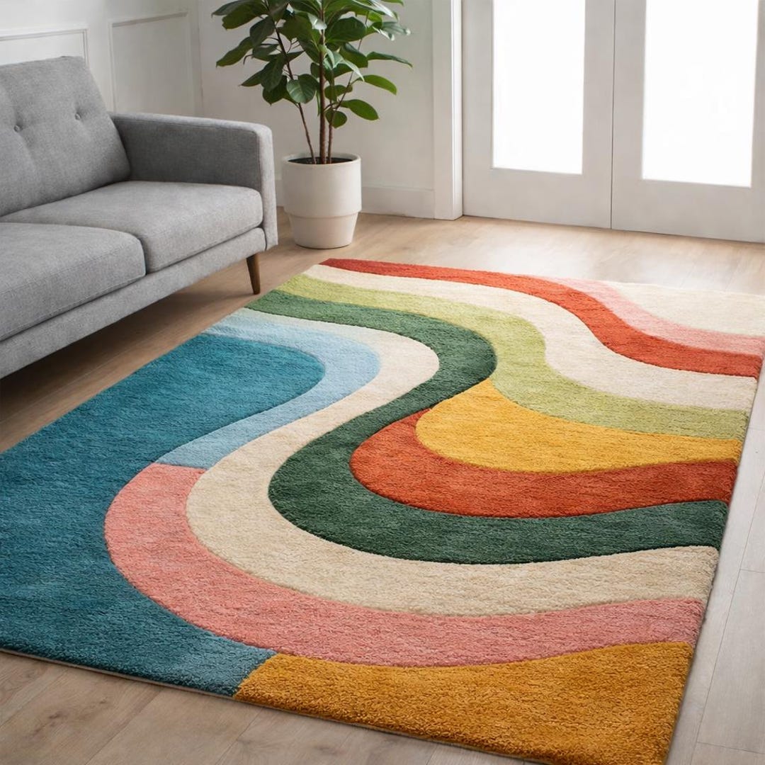 Colorful Rugs Above Hand Tufted Abstract Rainbow Wool Rug, Retro Color Block Area Rug, Mid ...