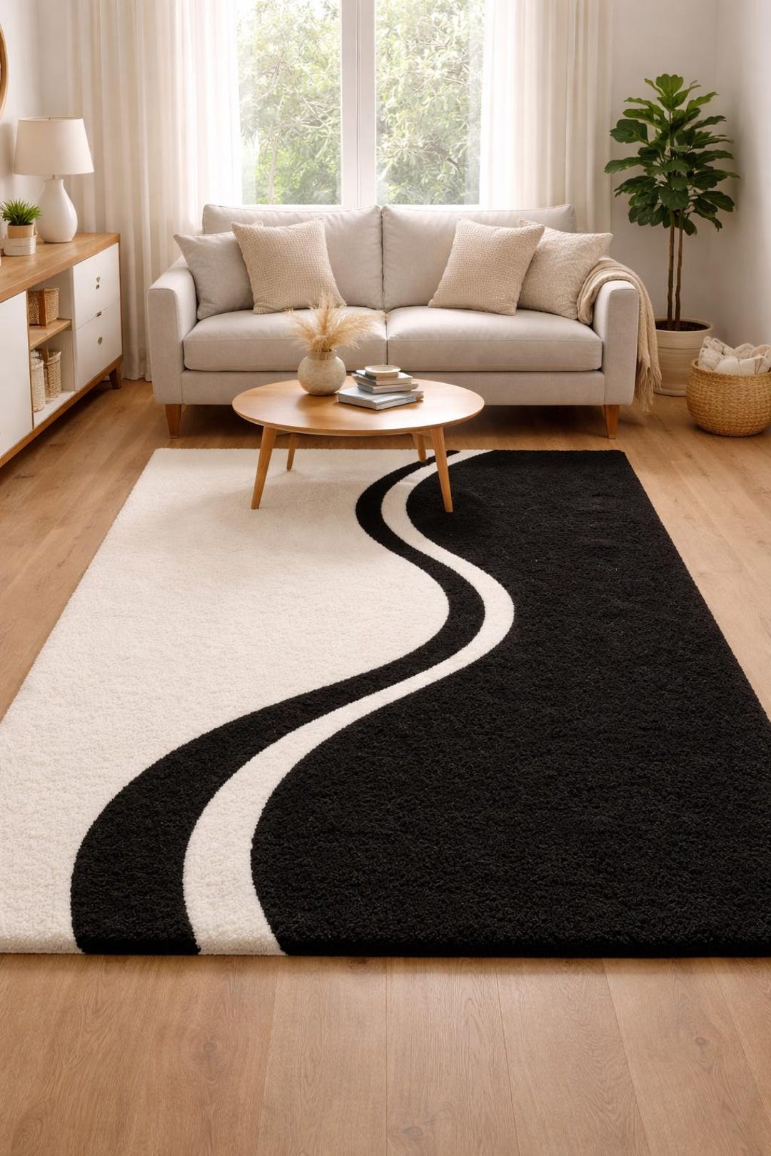 Modern Black White Hand Tufted Rug, Abstract Wavy Minimal Area Carpet ...