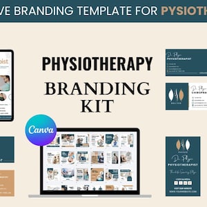May include: A digital branding kit for physiotherapy services featuring a tablet and laptop display with templates for business cards, social media posts, and review cards. The design uses a dark teal and beige color palette with the text "PHYSIOTHERAPY BRANDING KIT" and "CREATIVE BRANDING TEMPLATE FOR PHYSIOTHERAPY" displayed prominently.