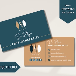 May include: Two business cards with a teal and tan color scheme. The cards feature the text "Dr. Physio, Physiotherapist" and contact information. The design includes a logo with abstract shapes and social media icons.