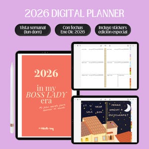 Puede incluir: Un planificador digital para 2026, con vista semanal, fechas de enero a diciembre y pegatinas de edición especial. La portada muestra "2026 in my BOSS LADY era". Incluye una tableta con un diseño de cuaderno espiral y otra con una escena nocturna.