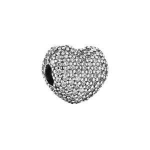 May include: A silver heart-shaped charm covered in small, sparkling crystals. The charm has a hole for threading onto a bracelet or necklace. The crystals reflect light, creating a dazzling effect. This jewelry piece is perfect for adding a touch of elegance.