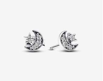Sparkling Moon & Star Stud Earrings Silver ale s925