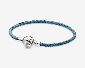 S925 Ale Turquoise Blue Leather  Moments Seashell Bracelet 