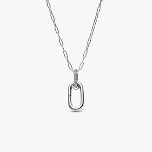 May include: A silver necklace with a chain link design. The necklace features a large oval pendant with a smaller, diamond-studded link connecting it to the chain. The jewelry is displayed against a plain white background.