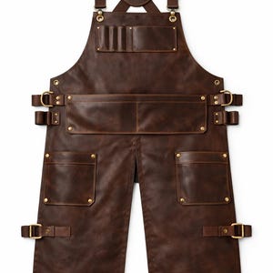 Könnte beinhalten: Eine braune Lederschürze mit mehreren Taschen und verstellbaren Trägern. Die Schürze verfügt über messingfarbene Beschläge, einschließlich Schnallen und Nieten. Sie hat ein Kreuz-Rücken-Design und eignet sich für verschiedene Handwerks- oder kulinarische Anwendungen.