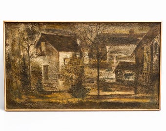 Groot landschapsolieverfschilderij uit het midden van de eeuw – gesigneerd – 21 x 37 x b