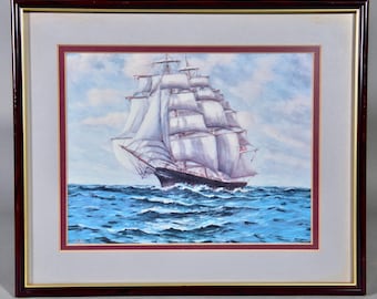 Inramat litograftryck av segelbåt – Väggkonst med marinmotiv – Signerad