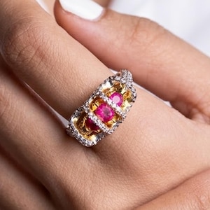 Vintage Inspired Ruby Stone Ring, Gold Plated Layer Wide Band, Bold Cocktail Statement Ring