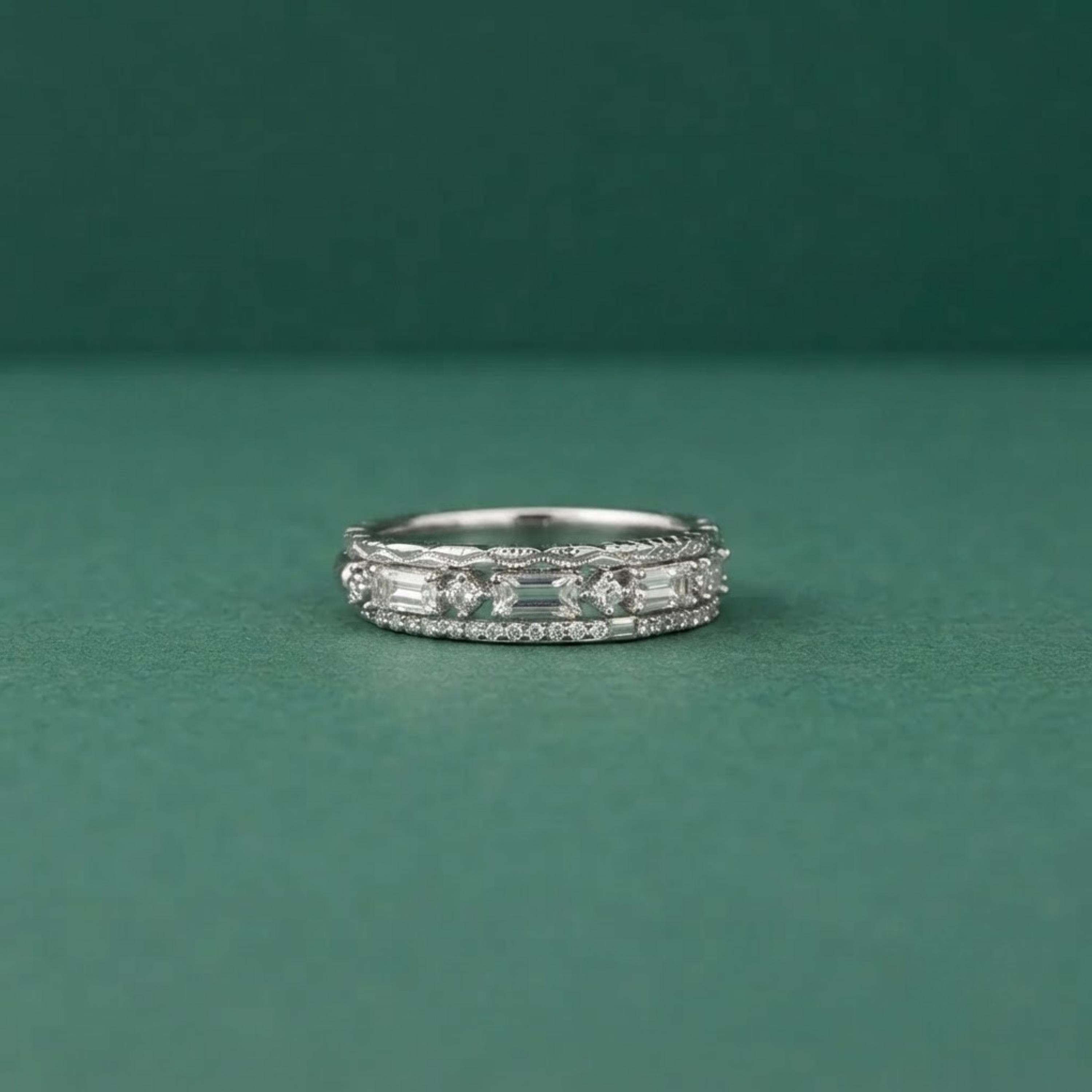 3 Piece CZ Stacking Ring Set | 925 Sterling Silver Wedding Bands | Baguette & Round Bridal Ring Set | Dainty Promise Rings