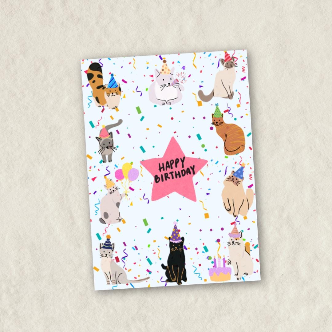 Printable Birthday Card PDF, Cat Birthday Card, Instant Download ...