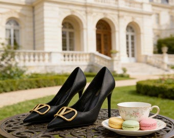 Schwarzes Leder Spitz Heels | Gold V-Logo Stilettos | Elegante Hochzeitsgäste Pumps | Luxus-formale Anzugschuhe, maßgeschneiderte Einlegesohlen