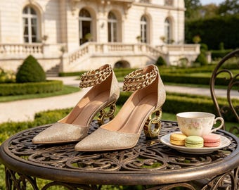 Customized insoles,Champagne Gold Glitter Chain Heel Pumps | Pointed Toe Wedding Guest Shoes | Luxury Evening Dress Heels