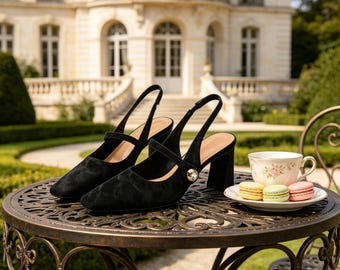 Plantillas personalizadas, Zapatos de tacón Mary Jane de terciopelo negro con tira trasera / Tacones de bloque con punta cuadrada / Elegantes zapatos para invitadas de boda con hebilla de cristal