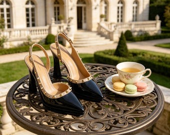 カスタムインソール、ブラックパテントスタッズ付きスリングバックパンプス｜ポインテッドトゥブロックヒール｜結婚式ゲスト＆バレンタインデードレスシューズ