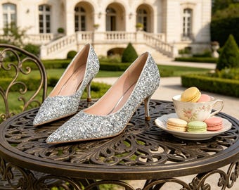 Customized insoles,Silver Glitter Pointed Toe Pumps | Wedding Stilettos | Bridal Party Shoes | Custom Insole Option
