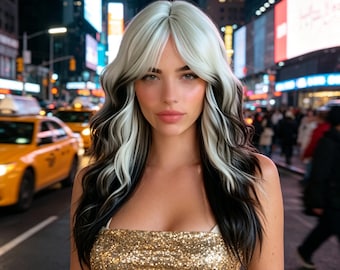 Customized labels,Black  White Ombre Long Wavy Wig with Bangs – Synthetic Heat Resistant Hair, Layered Style for Women, Daily & Party Wear
