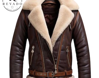 Men's Brown Shearling Bomber Jacket, Genuine Leather Winter Jacket, Warm Leather Bomber Coat, Handmade Shearling Jacket