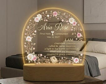Personalized First Holy Communion Gift for Girls, Custom Acrylic Night Light with Bible Verse, Aria Rose Communion Keepsake, Religious Gift
