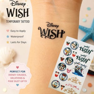 May include: A temporary tattoo sheet featuring the Disney Wish logo and various character icons including Mickey Mouse, Minnie Mouse, Donald Duck, Daisy Duck, Pluto, and Goofy, alongside a cruise ship illustration and cupcake motifs in blue, red, and gold.