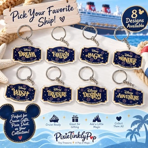May include: Eight rectangular acrylic keychains with rounded edges, featuring a dark blue background, gold text, and star accents. Each keychain displays a unique Disney ship name: Dream, Fantasy, Magic, Wonder, Wish, Treasure, Destiny, and Adventure.