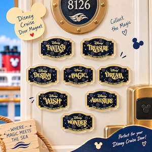 May include: A collection of eight rectangular Disney Cruise door magnets with rounded edges, featuring dark blue backgrounds, gold text, and firework motifs. Each magnet displays a ship name: Fantasy, Treasure, Destiny, Magic, Dream, Wish, Adventure, and Wonder.