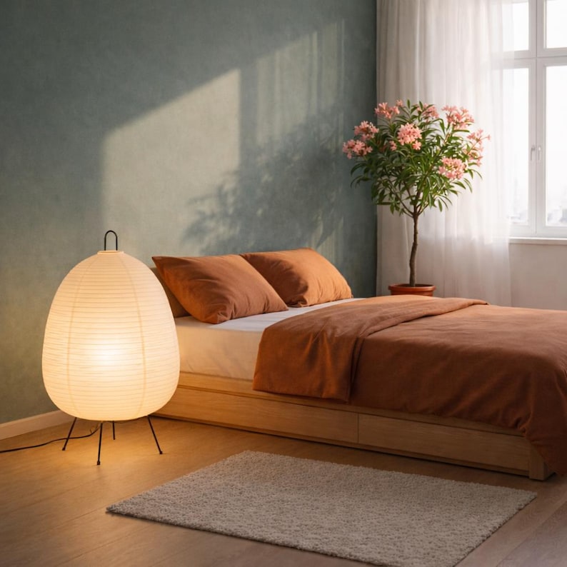 Lámpara de pie de papel japonesa estilo Akari: moderna lámpara de mediados de siglo para decorar el dormitorio o la sala de estar.