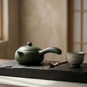 May include: An olive-green ceramic teapot with a curved handle and lid sits on a dark wooden board. A small, speckled ceramic teacup and a wooden spoon are also present, suggesting a tea ceremony. The teapot is likely made of ceramic.