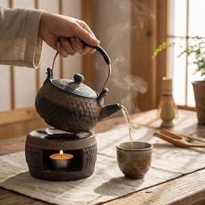 Japanese Tetsubin Teapot with Warmer | Handmade Ceramic Tea Kettle | Traditional Teaware