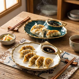 May include: Two plates of dumplings with dipping sauce, chopsticks, and a small bowl of pickled vegetables on a wooden table. One plate is white with a gold trim, the other is teal with a gold trim. The dumplings are golden brown.