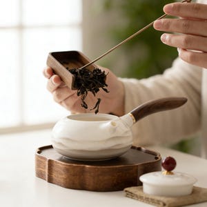 Pode incluir: Uma chaleira de cerâmica branca com uma alça e tampa de madeira, em uma bandeja de madeira. Folhas de chá estão sendo despejadas na chaleira de uma colher de madeira. O conjunto de chá é projetado para cerimônias de chá.