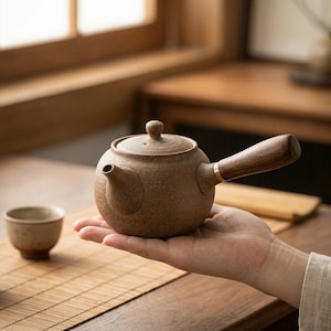 Puede incluir: Una tetera de cerámica marrón con un asa de madera y una tapa pequeña. La tetera está sostenida en la mano de una persona. Una pequeña taza de té está sobre una esterilla de bambú. La tetera tiene un pico y una banda dorada.
