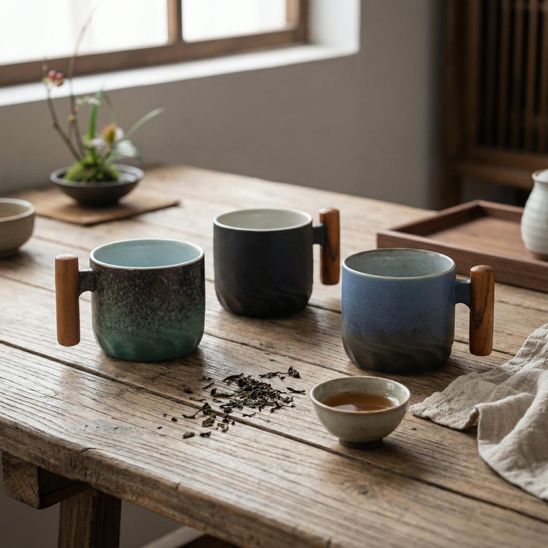 Rustic Cups Japanese Ceramic Tea Cup Set With Wooden Grip – Minimal Style Stoneware ...
